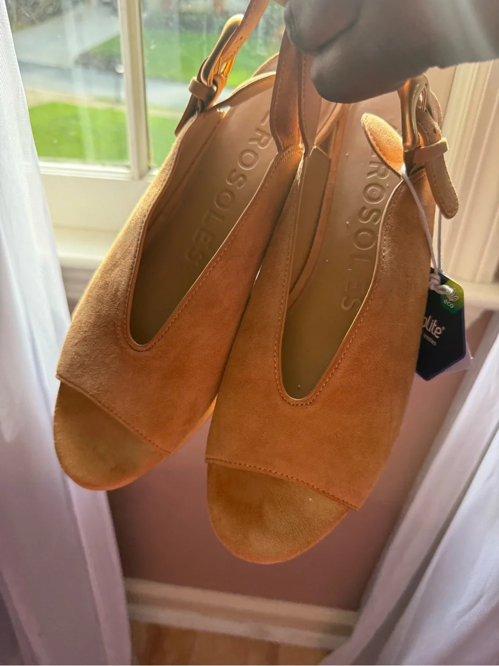 AEROSOLES Tan Suede Slingback Heels with Gold Buckle
